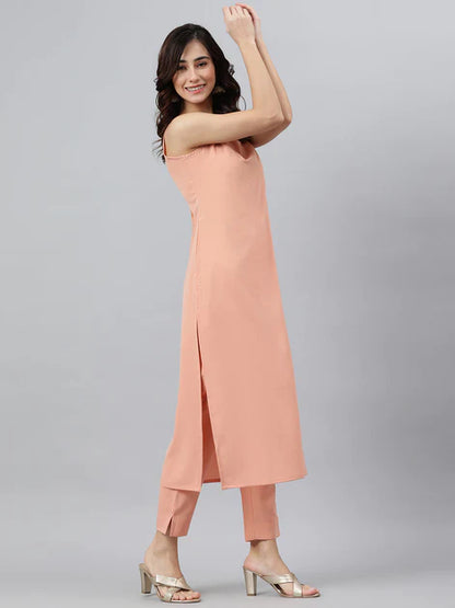 Peach Poly Crepe Solid Kurta with Pant and Dupatta