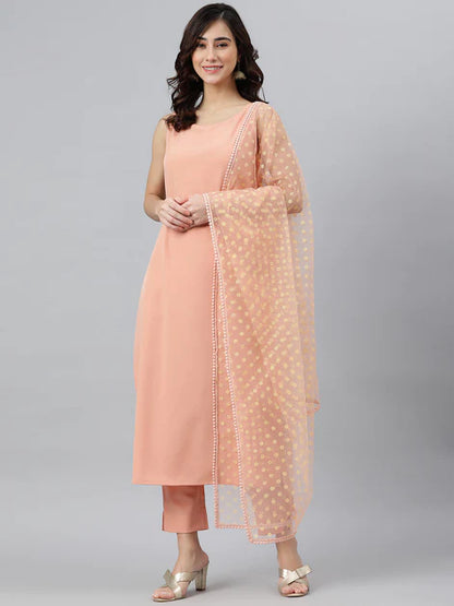 Peach Poly Crepe Solid Kurta with Pant and Dupatta