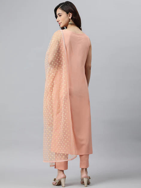 Peach Poly Crepe Solid Kurta with Pant and Dupatta