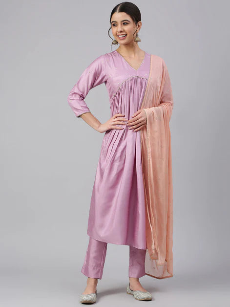 Mauve Poly Silk Solid Kurta with Pant and Dupatta