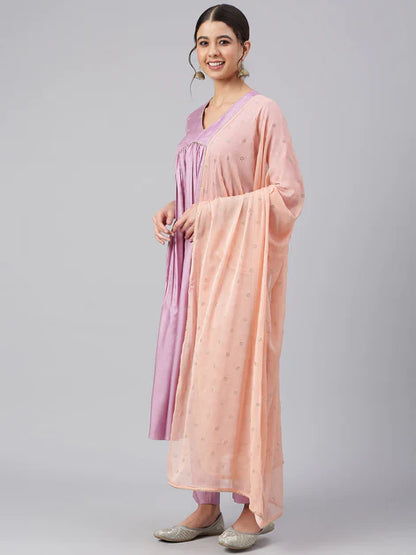 Mauve Poly Silk Solid Kurta with Pant and Dupatta