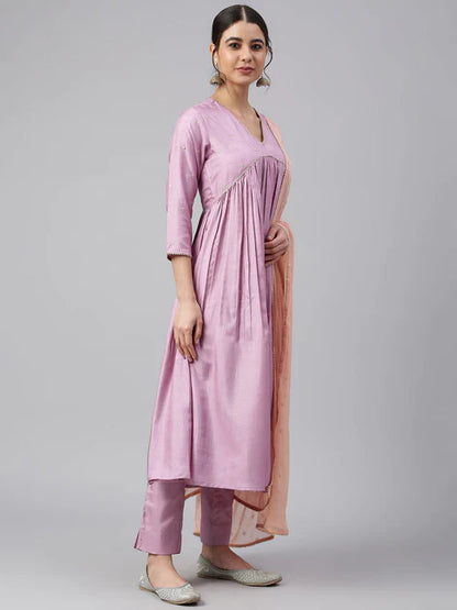 Mauve Poly Silk Solid Kurta with Pant and Dupatta