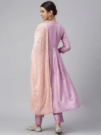 Mauve Poly Silk Solid Kurta with Pant and Dupatta