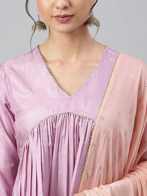 Mauve Poly Silk Solid Kurta with Pant and Dupatta