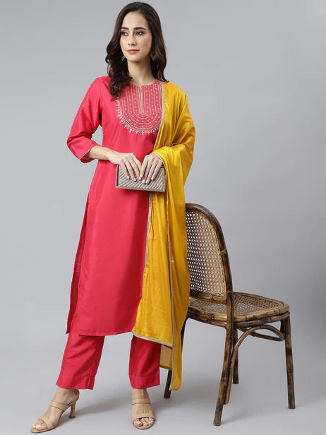 Pink Poly Silk Solid Kurta with Pant and Dupatta