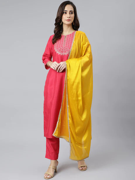 Pink Poly Silk Solid Kurta with Pant and Dupatta