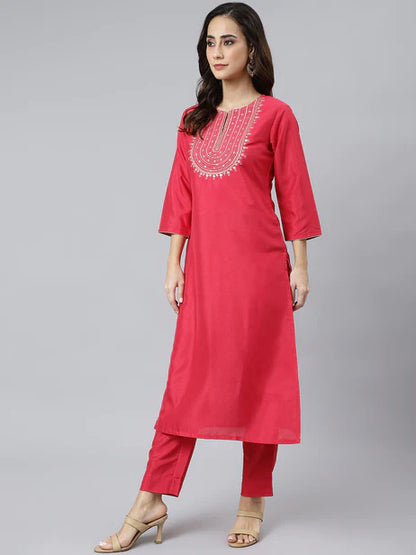 Pink Poly Silk Solid Kurta with Pant and Dupatta