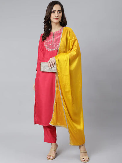 Pink Poly Silk Solid Kurta with Pant and Dupatta