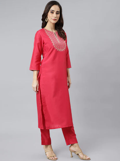 Pink Poly Silk Solid Kurta with Pant and Dupatta