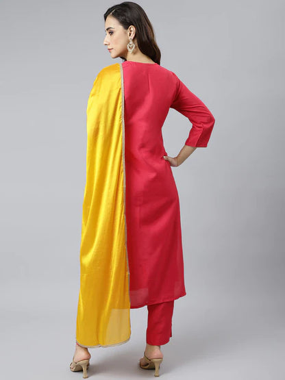 Pink Poly Silk Solid Kurta with Pant and Dupatta