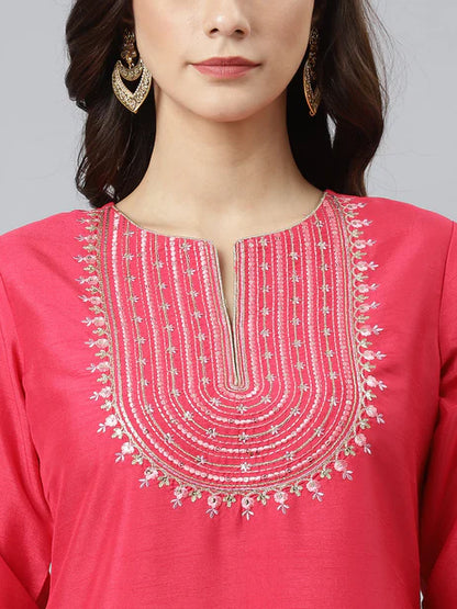 Pink Poly Silk Solid Kurta with Pant and Dupatta