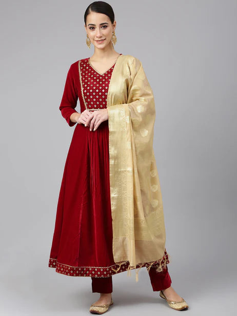 Maroon Velvet Solid Kurta with Pant and Dupatta