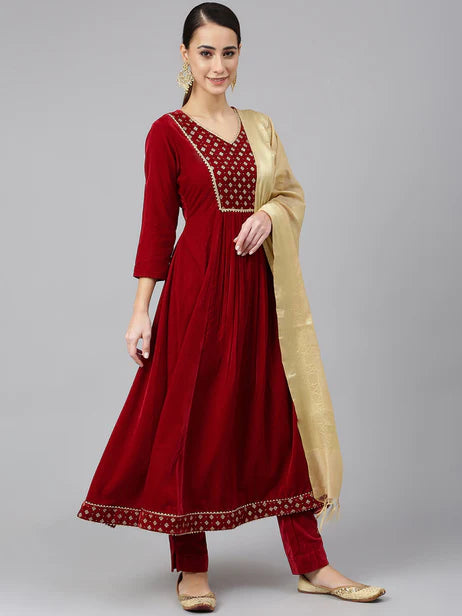 Maroon Velvet Solid Kurta with Pant and Dupatta