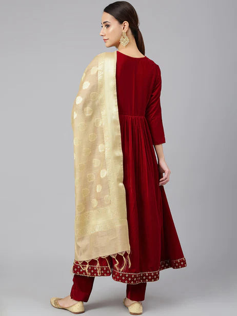 Maroon Velvet Solid Kurta with Pant and Dupatta