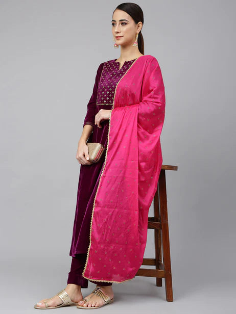 Purple Velvet Solid Kurta with Pant and Dupatta