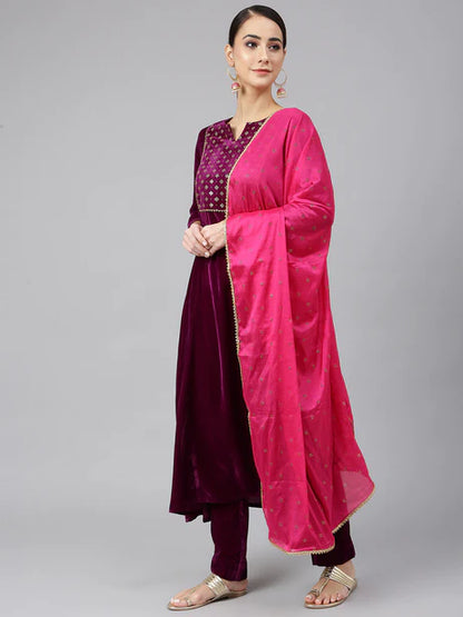 Purple Velvet Solid Kurta with Pant and Dupatta