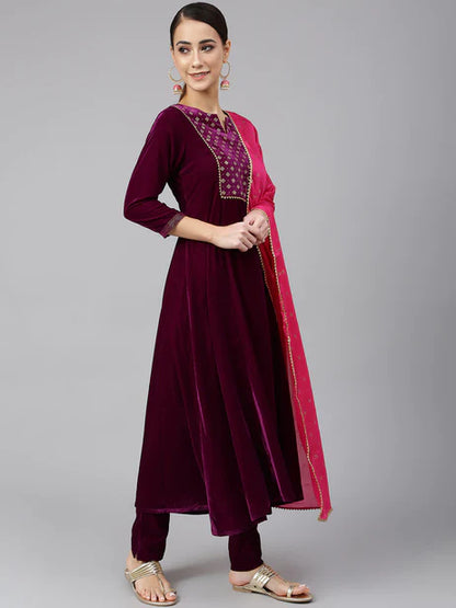 Purple Velvet Solid Kurta with Pant and Dupatta