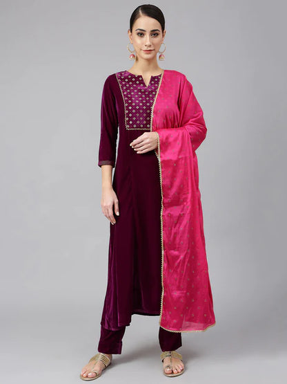 Purple Velvet Solid Kurta with Pant and Dupatta