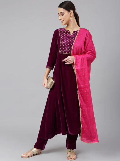 Purple Velvet Solid Kurta with Pant and Dupatta