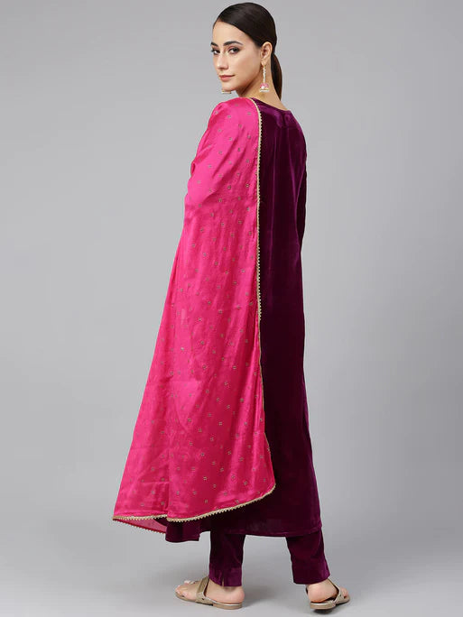 Purple Velvet Solid Kurta with Pant and Dupatta