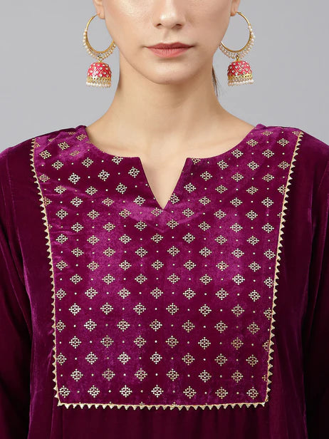 Purple Velvet Solid Kurta with Pant and Dupatta