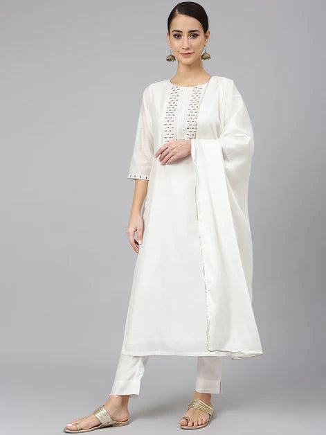 White Poly Silk Solid Kurta with Pant and Dupatta