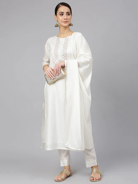 White Poly Silk Solid Kurta with Pant and Dupatta