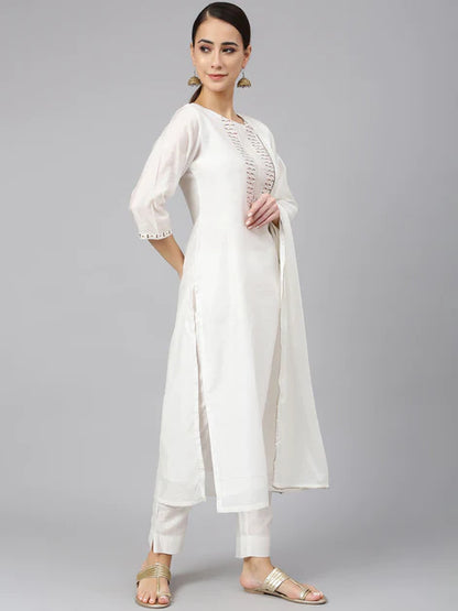 White Poly Silk Solid Kurta with Pant and Dupatta