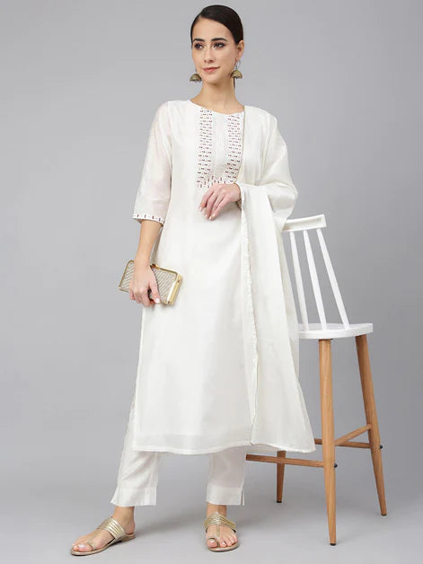 White Poly Silk Solid Kurta with Pant and Dupatta