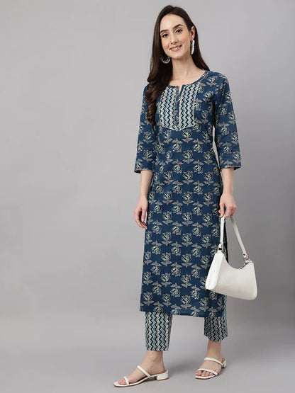 Women's Blue Cotton Floral Print Kurta with Pant