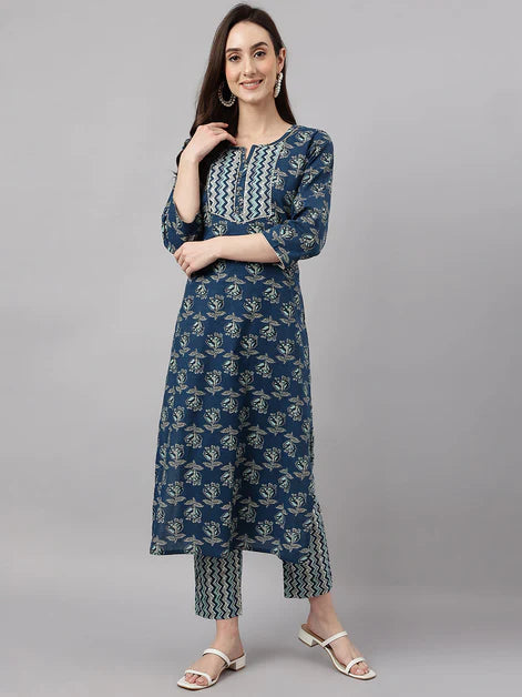 Women's Blue Cotton Floral Print Kurta with Pant