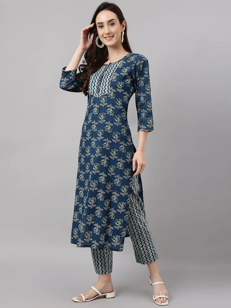 Women's Blue Cotton Floral Print Kurta with Pant