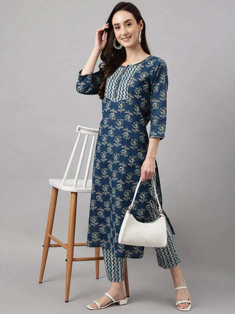 Women's Blue Cotton Floral Print Kurta with Pant