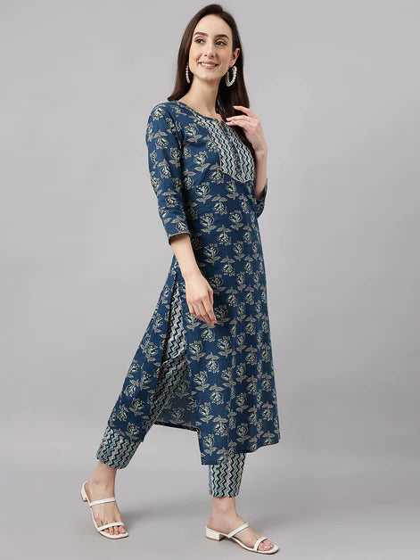 Women's Blue Cotton Floral Print Kurta with Pant