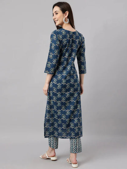 Women's Blue Cotton Floral Print Kurta with Pant