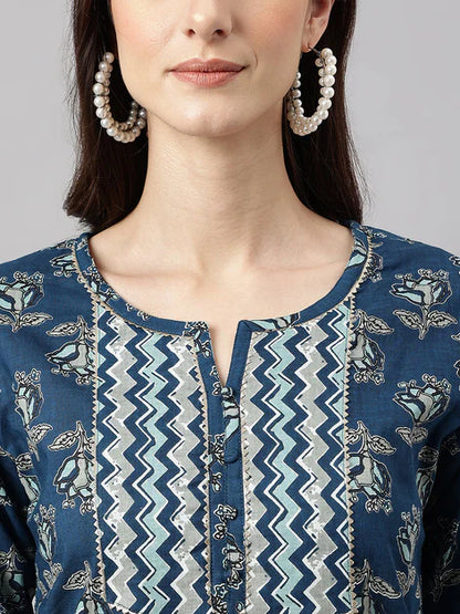 Women's Blue Cotton Floral Print Kurta with Pant