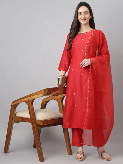 Red Chinon Embroidered Kurta with Pant and Dupatta