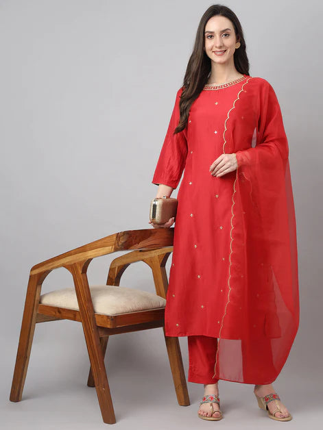 Women's Red Chinon Embroidered Kurta with Pant and Dupatta