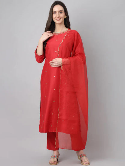 Red Chinon Embroidered Kurta with Pant and Dupatta