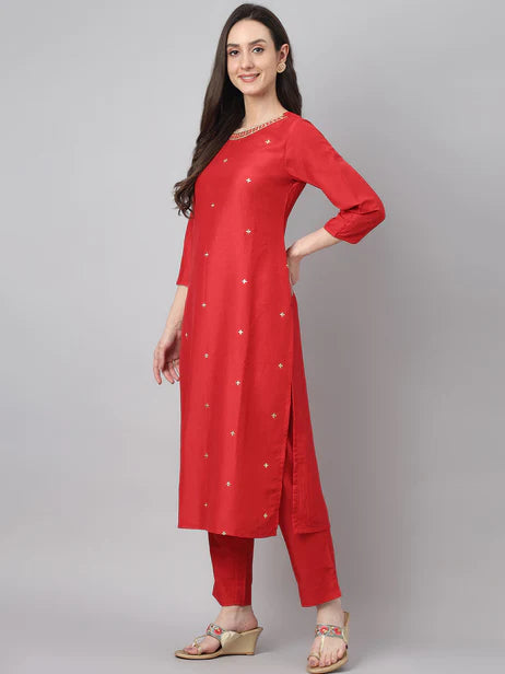 Red Chinon Embroidered Kurta with Pant and Dupatta