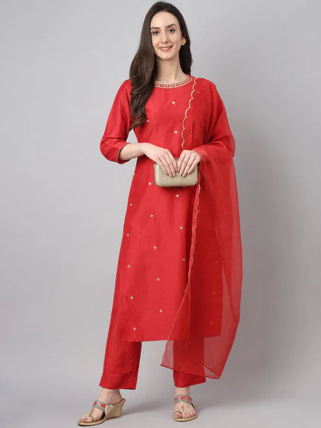 Red Chinon Embroidered Kurta with Pant and Dupatta