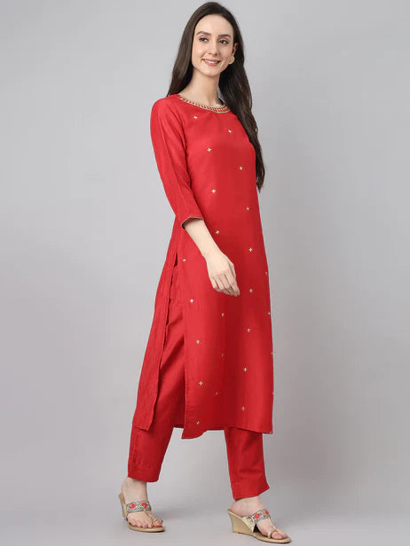 Red Chinon Embroidered Kurta with Pant and Dupatta