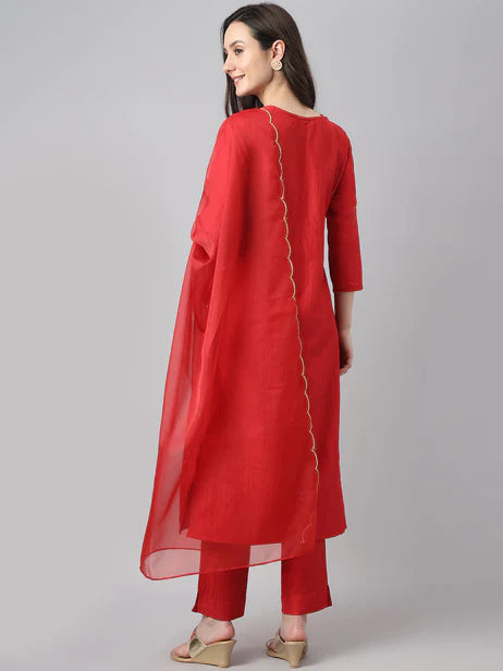 Red Chinon Embroidered Kurta with Pant and Dupatta