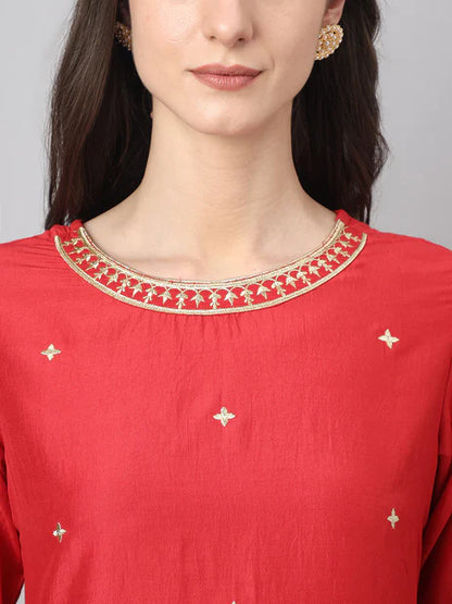 Red Chinon Embroidered Kurta with Pant and Dupatta