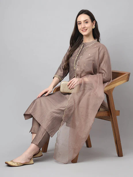 Brown Chinon Solid Kurta with Pant and Dupatta