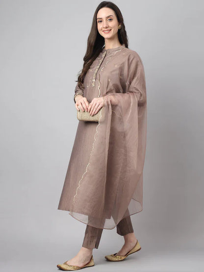 Brown Chinon Solid Kurta with Pant and Dupatta