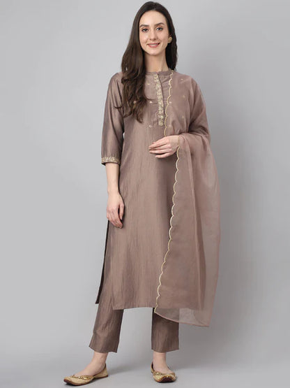 Brown Chinon Solid Kurta with Pant and Dupatta