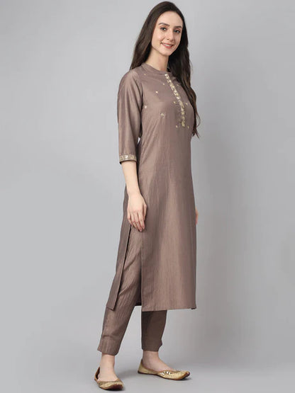 Brown Chinon Solid Kurta with Pant and Dupatta