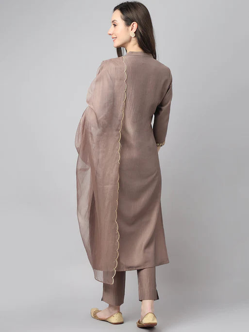 Brown Chinon Solid Kurta with Pant and Dupatta