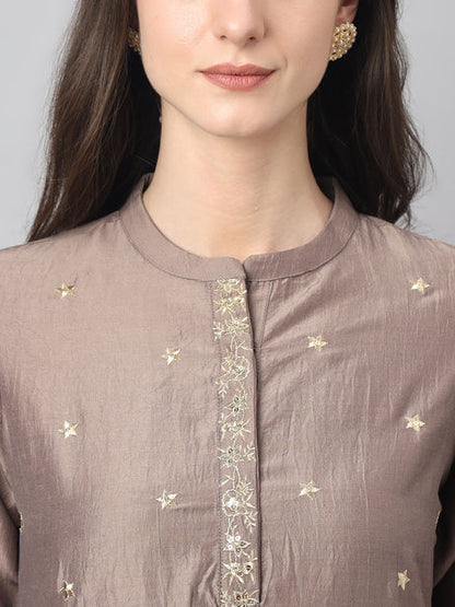 Brown Chinon Solid Kurta with Pant and Dupatta